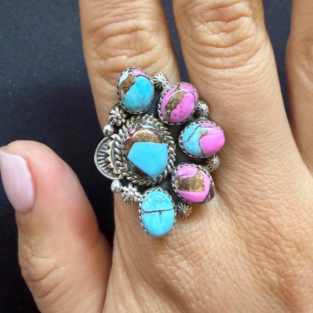 Sterling silver half cluster cotton candy turquoise ring. Adjustable